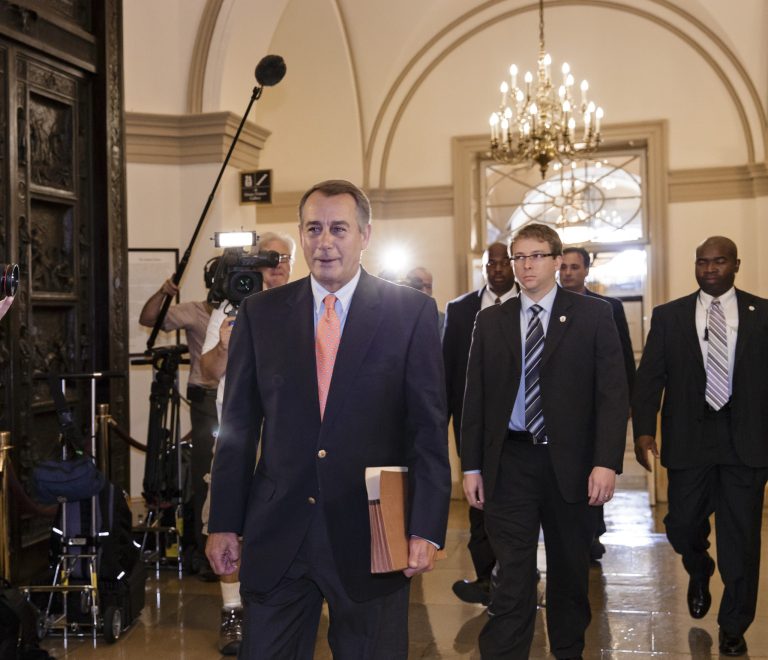 Speaker of the House John Boehner, R-Ohio, arrives at the Capitol in Washington, Saturday, Oct. 5, 2013. The Republican-controlled House and the Democrat-controlled Senate are at an impasse, neither side backing down, after House GOP conservatives linked the funding bill to President Obama's existent health care law. There has been no sign of progress toward ending the government shutdown that has idled 800,000 federal workers and curbed services around the country.  (AP Photo/J. Scott Applewhite)