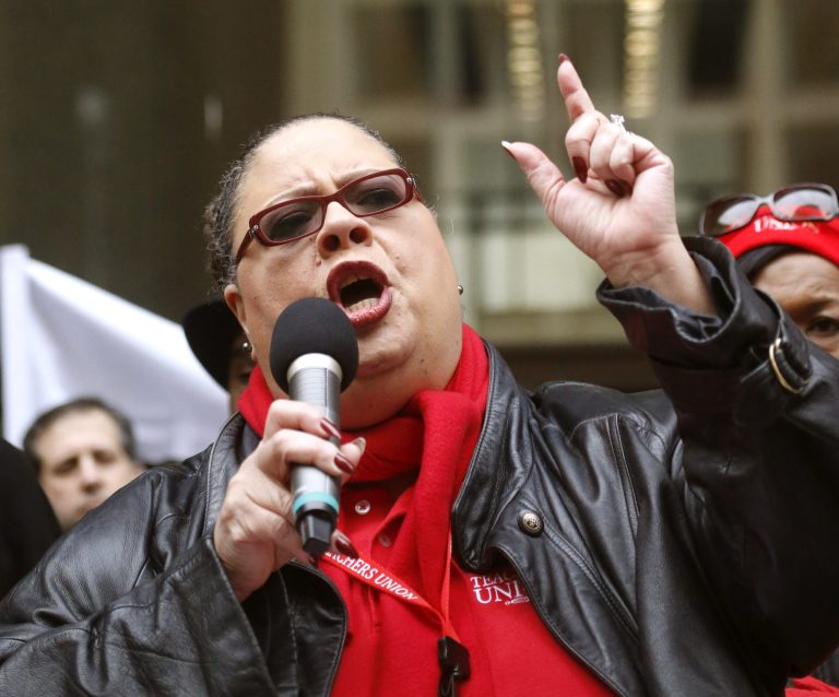 Karen Lewis, president of the Chicago Teachers Union, speaks during a demonstration and march through Chicago's downtown Wednesday, March 27, 2013. (AP Photo/Charles Rex Arbogast)