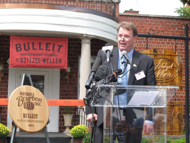 Kentucky Distillers' Association President Eric Gregory announces that historic Stitzel-Weller distillery is the newest stop on the popular Kentucky Bourbon Trail on Monday, Sept. 15, 2014 in Louisville, Ky. (AP Photo/Bruce Schreiner)