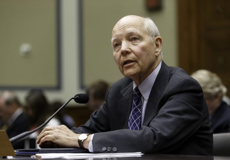 Internal Revenue Service Commissioner John Koskinen testifies under subpoena before the House Oversight Committee as lawmakers continue their probe of whether tea party groups were improperly targeted for increased scrutiny by the IRS, on Capitol Hill in Washington, Monday, June 23, 2014. The IRS asserts it can't produce emails from seven officials connected to the tea party investigation because of computer crashes, including the emails from Lois Lerner, the former IRS official at the center of the investigation.   (AP Photo/J. Scott Applewhite)