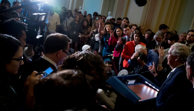Senate Majority Leader Mitch McConnell, R-Ky., tells reporters he is delaying a vote on the Republican health care bill while the GOP leadership works toward getting enough votes, at the Capitol in Washington, Tuesday, June 27, 2017. (AP Photo/Andrew Harnik)
