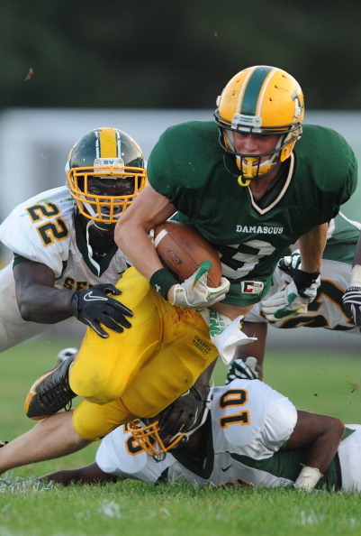 Damascus wide receiver Zach Bradshaw made a verbal commitment to Penn State a month ago. He is among the D.C.-area recruits weighing whether to back out of their commitments after the NCAA handed down severe sanctions against the university Monday. (Getty Images)