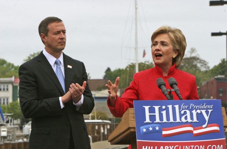 Then-New York Sen. Hillary Rodham Clinton speaks about her campaign for the 2008 presidency after being endorsed by Maryland Gov. Martin O'Malley, left, at City Dock in Annapolis, Md., in 2007. (AP Photo/Kathleen Lange)