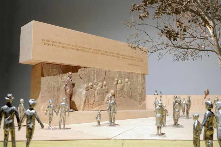   This handout image courtesy of Gehry Partners, LLP, 2013 shows the planned Dwight D. Eisenhower Memorial in Washington. President Barack Obama is appointing a critic of the planned Dwight D. Eisenhower Memorial design to serve on the federal commission that oversees the projectâs development, weighing into a lingering debate over the memorialâs future. The White House announced Obamaâs plan to appoint former National Endowment for the Humanities chairman Bruce Cole last month, but it drew little attention while Congress was in recess. Cole has published at least two articles in the past 13 months criticizing architect Frank Gehryâs approach to the memorial design, saying it would be a âmonumental farceâ and that the design is âa cross between an amusement park and a golf course.â (AP Photo/Gehry Partners, LLP, 2013)  