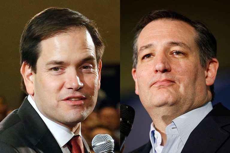 The brutal math of the neck-and-neck race between Ted Cruz and Marco Rubio means neither has any reason to feel he should drop out. (AP Photos)