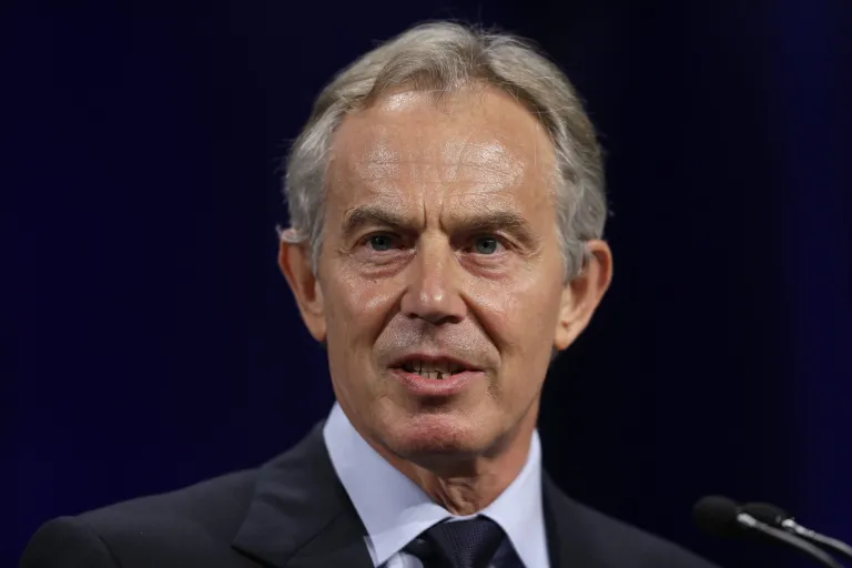 Former British Prime Minister Tony Blair speaks.