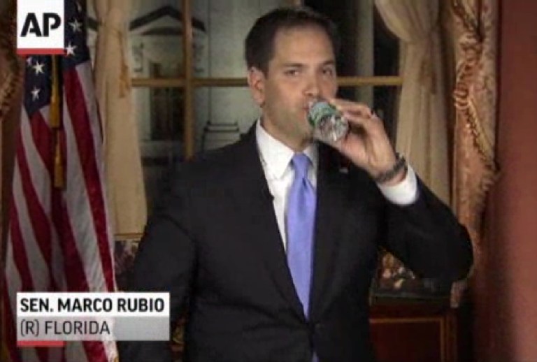 Frame grab from video of Florida Sen. Marco Rubio taking a sip of water during his Republican response to President Barack Obama's State of the Union addressÂ in 2013. Â 