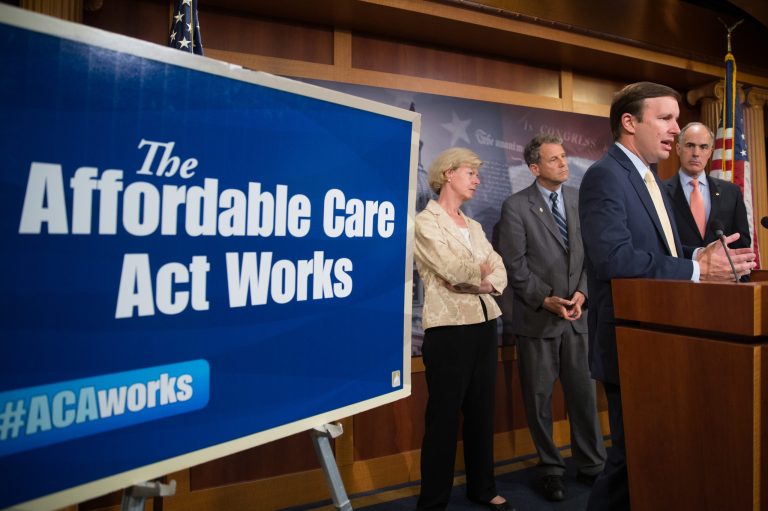 Democratic senators speaks at a press conference on the positive effects of the Affordable Care Act as the Senate convenes for a Sunday session on Capitol Hill in Washington. (AP Photo/Andrew Harnik)