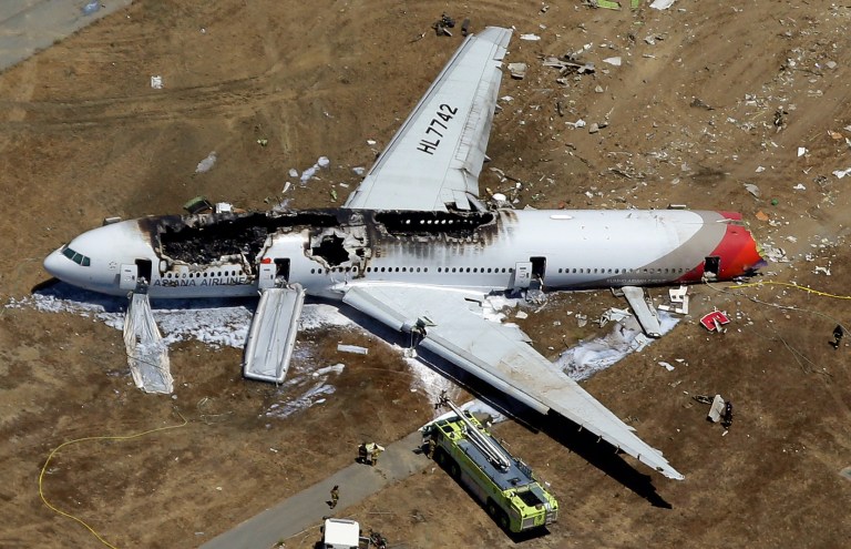 FILE - In this July 6, 2013 aerial file photo, the wreckage of Asiana Flight 214 lies on the ground after it crashed at the San Francisco International Airport in San Francisco. Asiana Airlines has been penalized $500,000 for failing to assist family members of passengers on the flight that crashed last year at San Francisco airport, federal transportation officials said Tuesday, Feb. 25, 2014. (AP Photo/Marcio Jose Sanchez, File)