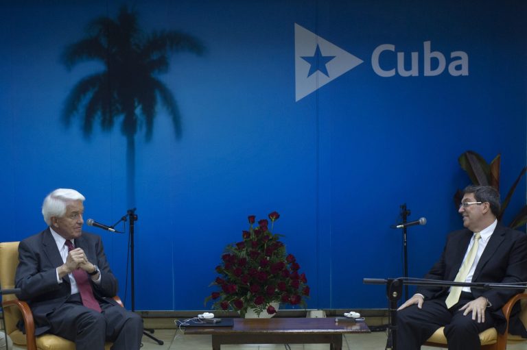 U.S. Chamber of Commerce President and CEO Thomas Donohue, left, talks with Cuba's Foreign Minister Bruno Rodriguez, right, in Havana, Cuba, Tuesday, May 27, 2014. A U.S. Chamber of Commerce Delegation arrived today to Cuba to explore the business climate at the island. (AP Photo/Ramon Espinosa)