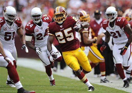 Washington Redskins running back Tim Hightower (25) rushes against the Arizona Cardinals in the first half of an NFL football game in Landover, Md., Sunday, Sept. 18, 2011. (AP Photo/Nick Wass)