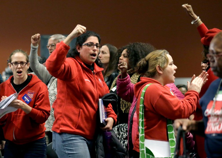 The union's game plan is straightforward. Walk out. Kids go untaught. Parents grow angry. Publicity rolls in. The bureaucracy can't respond fast enough. Political leaders cave. The union wins at taxpayers' and students' expense. (AP Photo/Nam Y. Huh)