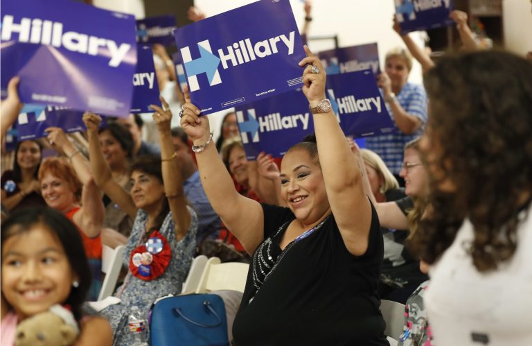 Much of her advantage stems from the continued negative view most Latinos have of Trump. (AP Photo/Eric Gay)