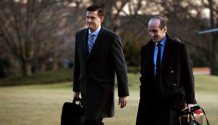 White House press secretary Sarah Sanders initially told reporters Wednesday staff secretary Rob Porter's (pictured left) resignation would not be immediate to ensure a "smooth transition." However, his departure could come sooner rather than later as questions over the internal handling of the claims against Porter have heated up. (AP Photo/Manuel Balce Ceneta)