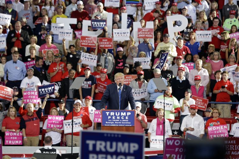 Republican presidential candidate Donald Trump speaks during a campaign rally in Raleigh, N.C., on Nov. 7. (AP Photo/Gerry Broome)