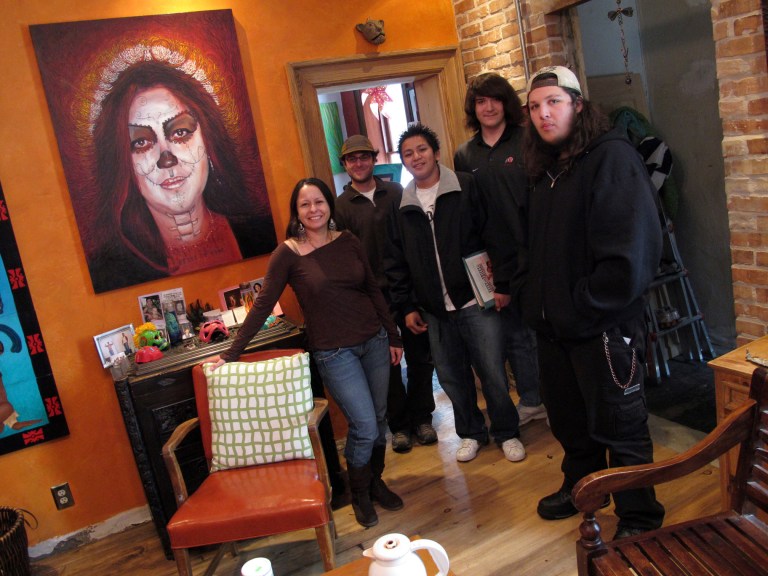 Artist Ruby Chacon meets with teens who interviewed her and other Latino leaders as part of the Faces and Voices of Chicano/Latino Leaders. The project is now on a website http://www.cdeautah.org/.  (AP Photo/ The Salt Lake Tribune, Kent Miles)