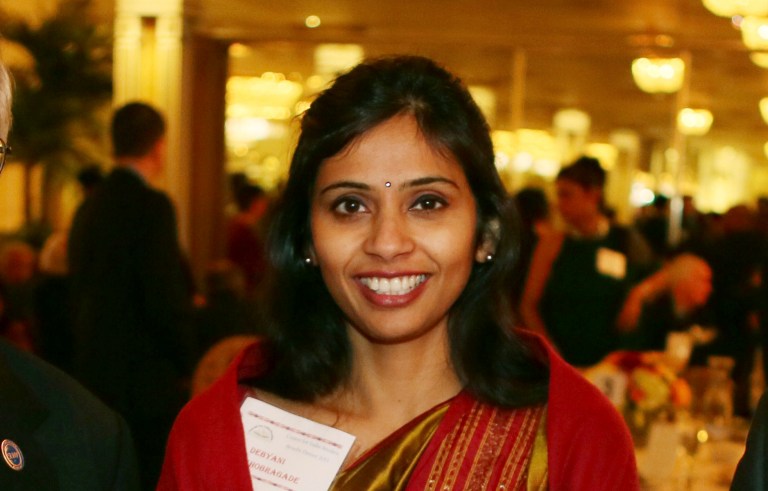 This Dec. 8, 2013 photo shows Devyani Khobragade, India's deputy consul general, during the India Studies Stony Brook University fund raiser event at Long Island, New York. The Indian diplomat said U.S. authorities subjected her to a strip search, cavity search and DNA swabbing following her arrest on visa charges in New York City, despite her 