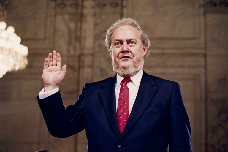   FILE - In this Sept. 15, 1987 file photo, Judge Robert Bork, nominated by President Reagan to be an associate justice of the Supreme Court, is sworn before the Senate Judiciary Committee on Capitol Hill at his confirmation hearing. Robert Bork, whose failed Supreme Court nomination made history, has died. (AP Photo/John Duricka)  