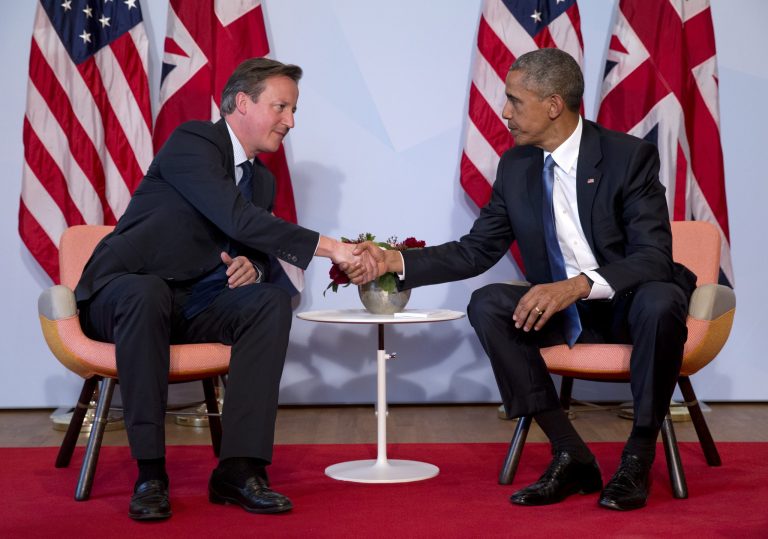 President Obama and British Prime Minister David Cameron shake hands at a bilateral meeting during the G-7 summit in Schloss Elmau hotel near Garmisch-Partenkirchen, southern Germany. On June 23, Britain will vote on whether to recover her independence. (AP Photo/Carolyn Kaster)