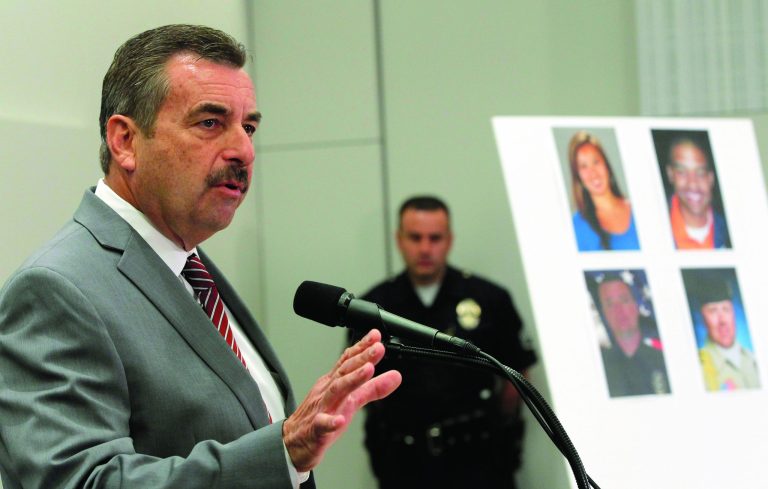 Los Angeles Police Chief Charlie Beck speaks at a new conference, Tuesday Feb. 19, 2013 in Los Angeles. Beck said the review of ex-officer Dorner's firing is under way, but it's too early to comment on the re-examination. (AP Photo/Nick Ut)