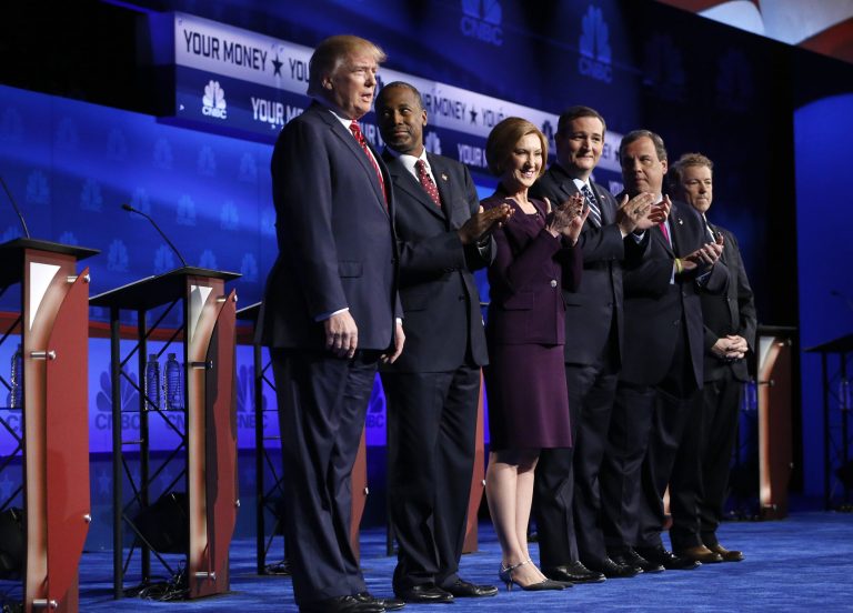 The average speaking time among the GOP presidential candidates in the primetime debate was eight minutes and 20 seconds. (AP Photo)