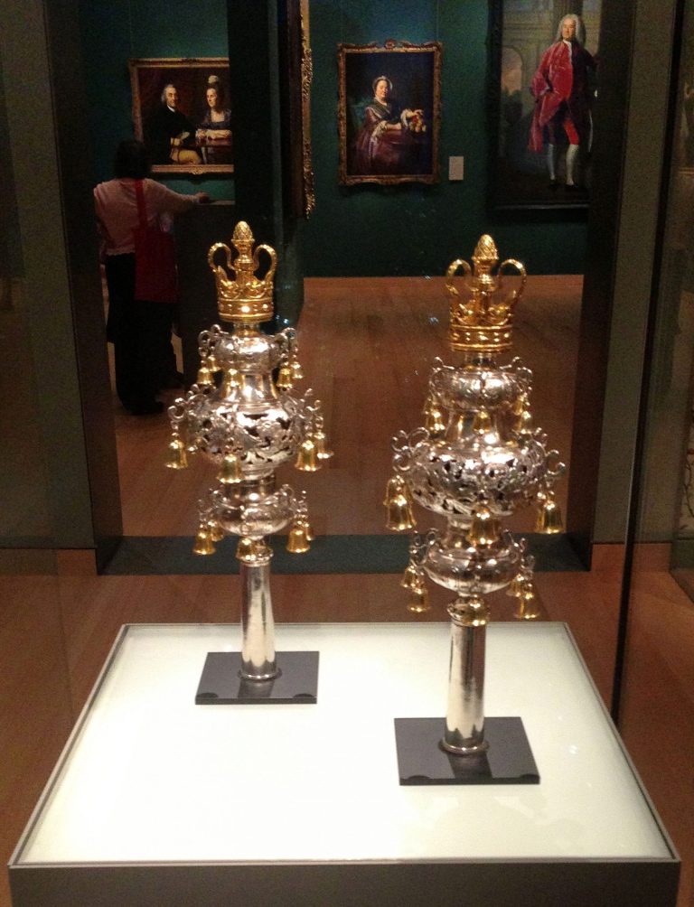   In this Nov. 13, 2012 photo provided by David Bazarsky, a set of 18th century Torah finial bells are seen on display at the Museum of Fine Arts, in Boston. A disagreement over the ownership of the bells has prompted lawsuits between leaders of the nation's first Jewish congregation and the nation's oldest synagogue. The dispute started after leaders of the Touro Synagogue in Newport, R.I., agreed to sell the bells for $7.4 million to Bostonâs Museum of Fine Arts so they can set up an endowment to care for the synagogue. (AP Photo/David Bazarsky)  