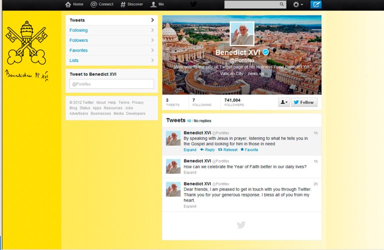   A screen grab of Pope Benedict XVI Twitter page. Pope Benedict XVI hit the 1 million Twitter follower mark on Wednesday, Dec. 12, 2012 he sent his first tweet from his new account, blessing his online fans and urging them to listen to Christ. In perhaps the most drawn out Twitter launch ever, the 85-year-old Benedict pushed the button on a tablet brought to him at the end of his general audience after the equivalent of a papal drum roll by an announcer who intoned: 