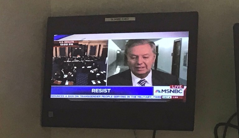 The graphic appeared leading into NBC correspondent Andrea Mitchell's noon program as a tease for a segment about U.S. Attorney General Jeff Sessions remaining in his position even as President Trump publicly criticizes his work performance. (Image courtesy screenshot)