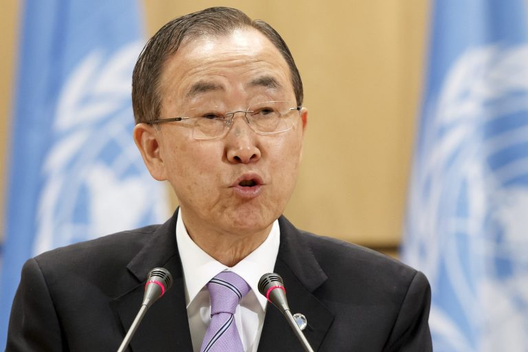 UN Secretary-General Ban Ki-moon addresses the audience during the celebration of the 50. anniversary of the establishment of the UNCTAD (United Nations Conference on Trade and Development), at the European headquarters of the United Nations, in Geneva, Switzerland, Tuesday, June 17, 2014. (AP Photo/Keystone,Salvatore Di Nolfi)