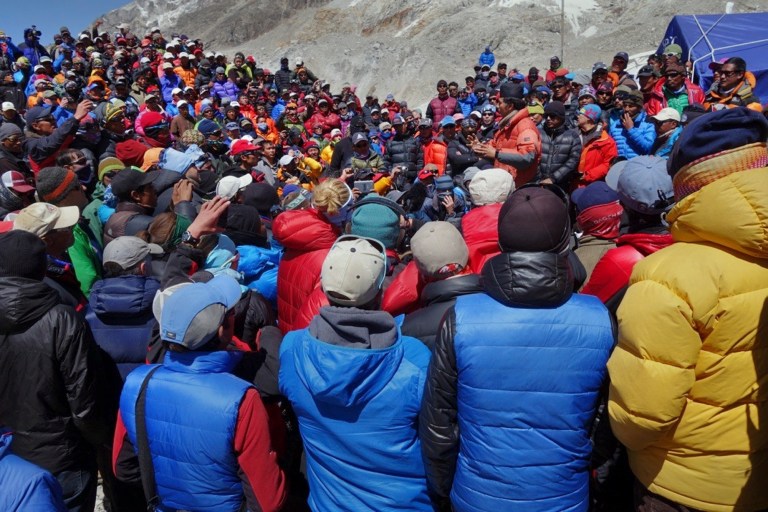 This April 24, 2014 photo released by Adrian Ballinger, founder and head guide of Alpenglow Expeditions, shows a meeting between Nepalese government delegation and Sherpa mountain guides near Everest base camp, Nepal. Nepal's attempts to salvage the Mount Everest climbing season took another hit Friday as more Sherpa mountain guides packed and left the base camp for their village homes a week after the deadliest disaster on the world's highest mountain. (AP Photo/Alpenglow Expeditions, Adrian Ballinger)