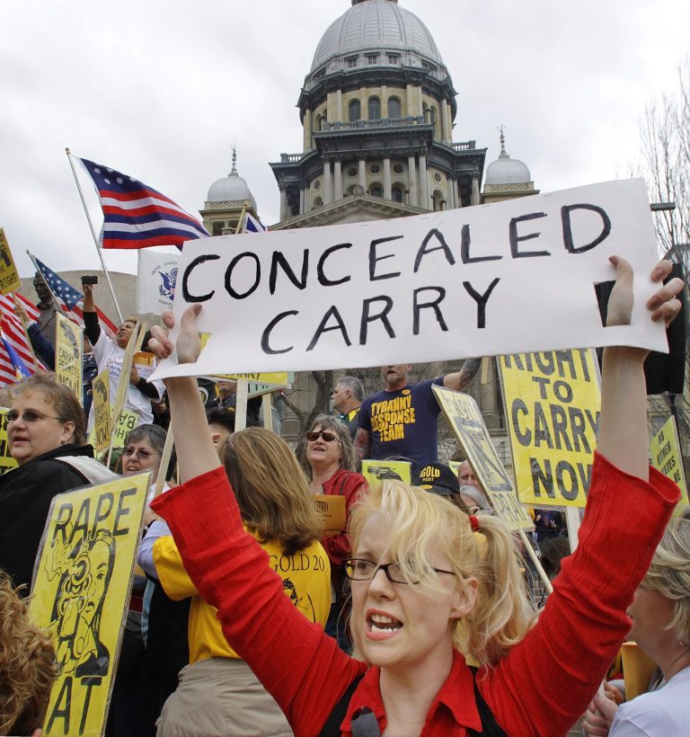   FILE - In this March 7, 2012 file photo, gun owners and supporters participate in an Illinois Gun Owners Lobby Day rally at the Illinois State Capitol in Springfield. In a big victory for gun rights advocates, a federal appeals court on Tuesday, Dec. 11, 2012, struck down a ban on carrying concealed weapons in Illinois _ the only remaining state where carrying concealed weapons is entirely illegal. (AP Photo/Seth Perlman, File)  