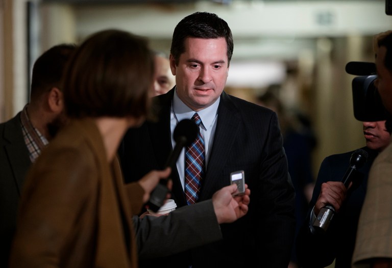 House Intelligence Committee Chairman Rep. Devin Nunes, R-Calif. is pursued by reporters as he arrives for a weekly meeting of the Republican Conference with House Speaker Paul Ryan and the GOP leadership, Tuesday, March 28, 2017, on Capitol Hill in Washington. Nunes is facing growing calls to step away from the panel's Russia investigation as revelations about a secret source meeting on White House grounds raised questions about his and the panel's independence. (AP Photo/J. Scott Applewhite)