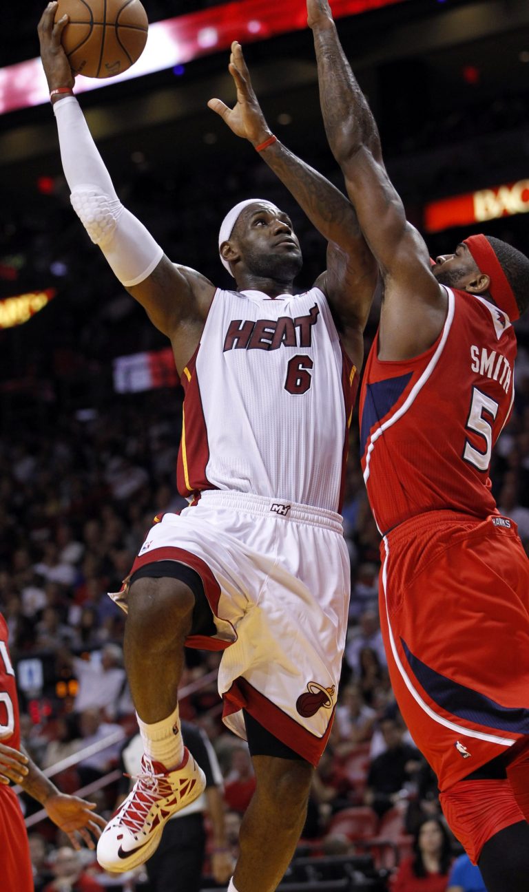   Miami Heat's LeBron James (6) prepares to shoot over Atlanta Hawks' Josh Smith (5) during the first half of an NBA basketball game, Monday, Dec, 10, 2012, in Miami. The Heat won 101-92. (AP Photo/Alan Diaz)  