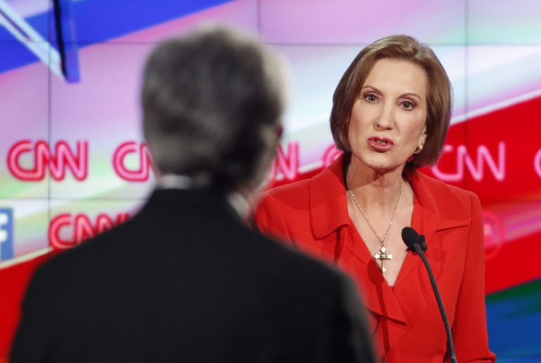 Carly Fiorina, along with Chris Christie, attacked Hillary Clinton most often, with six mentions. (AP Photo/John Locher)