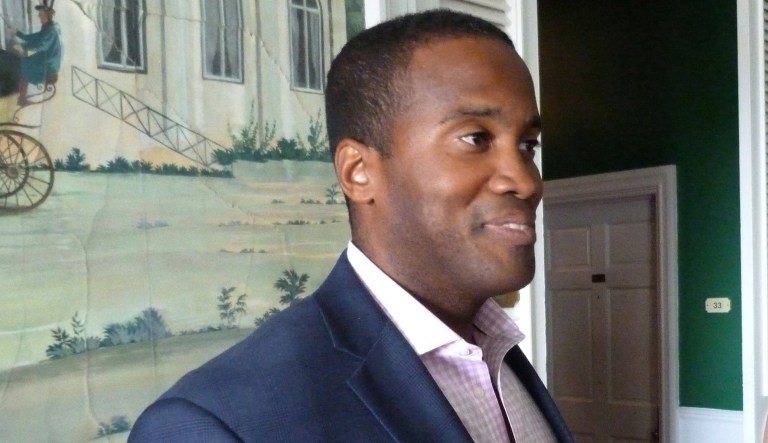 John James, an Iraq War veteran and businessman, is seeking the GOP nomination in Michigan to run against Democratic Sen. Debbie Stabenow in 2018. (AP Photo/David Eggert)