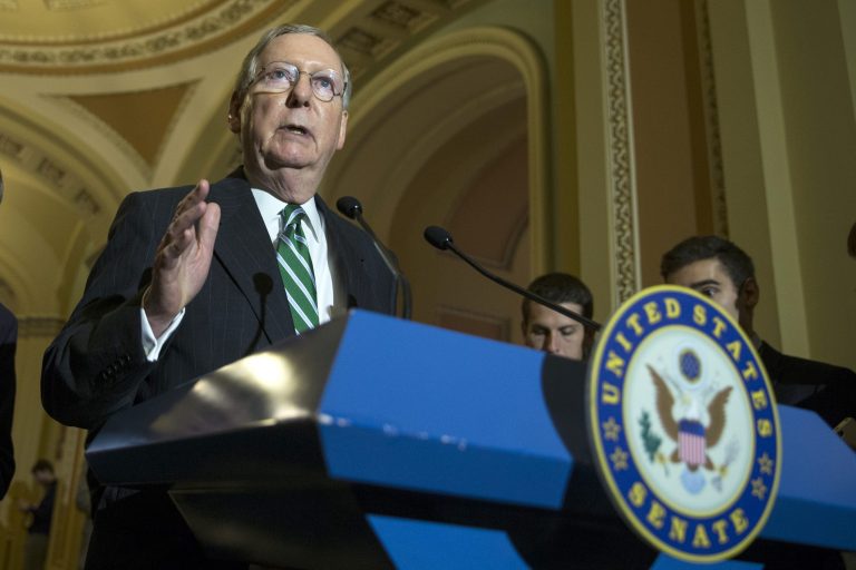 Senate Majority Leader Mitch McConnellÂ speaks during a news conference on Capitol Hill in Washington. (AP Photo/Evan Vucci)
