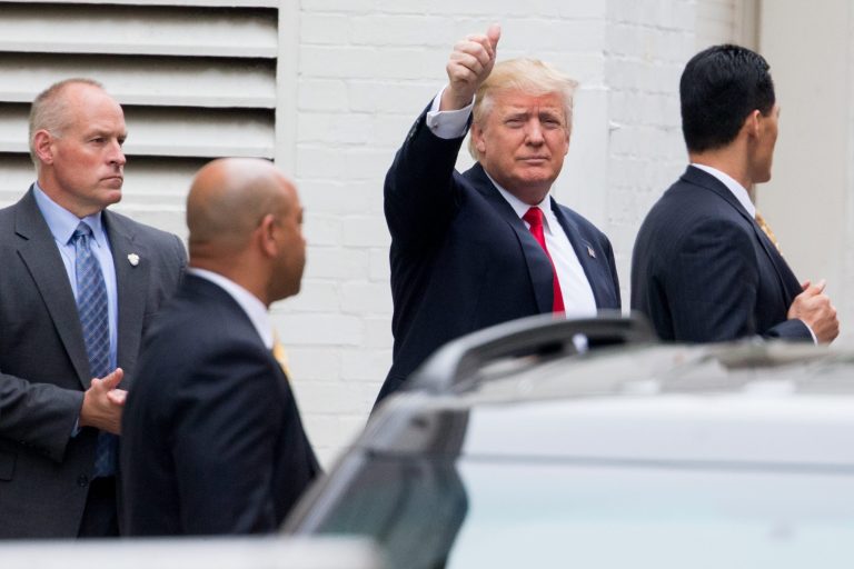 Republican presidential candidate Donald Trump, the presumptive Republican Party nominee for president of the United States, gives a thumbs-up as he arrives for a meeting with Speaker of the House Paul Ryan, R-Wis., at the National Republican Congressional Committee Headquarters in Washington, D.C., May 12, 2016. 