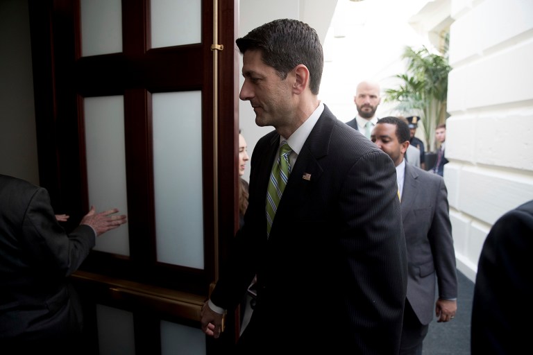 House Speaker Paul Ryan of Wis. arrives for Republican caucus on Capitol Hill in Washington, Friday, March 24, 2017. Republican leaders have abruptly pulled their troubled health care overhaul bill off the House floor, short of votes and eager to avoid a humiliating defeat for President Donald Trump and GOP leaders. (AP Photo/Andrew Harnik)