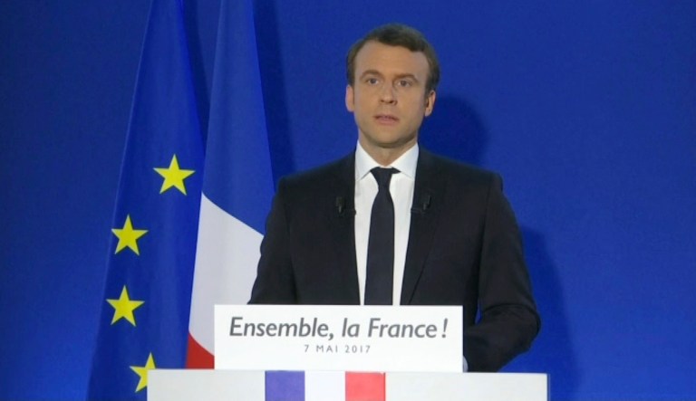 In this image taken from video footage, incoming French president Emmanuel Macron speaks after his victory in presidential runoff, at his campaign headquarters in Paris, Sunday, May 7, 2017. (AP Photo)