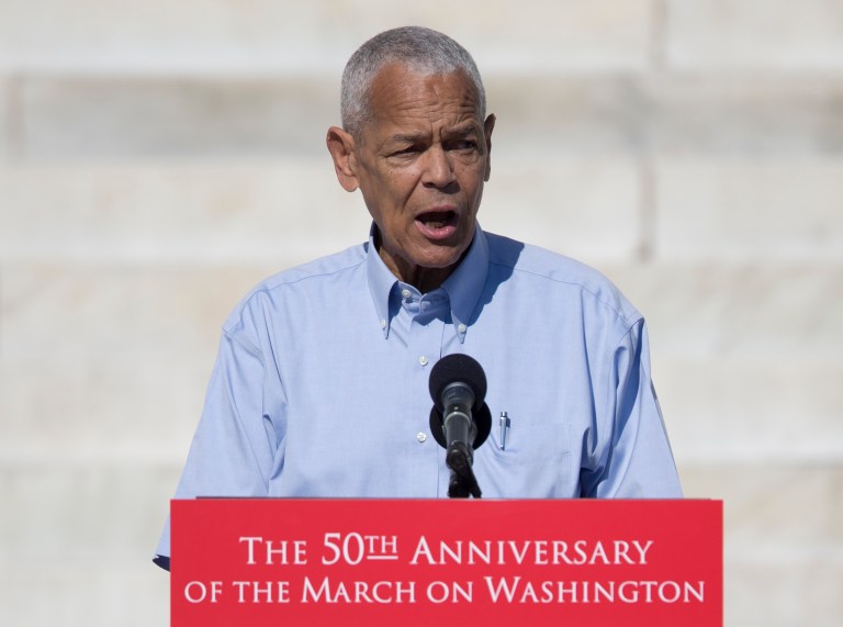 Julian Bond, former board chairman of the NAACP, speaks during an event to commemorate the 50th anniversary of the 1963 March on Washington at the Lincoln Memorial, Saturday, Aug. 24, 2013, in Washington. He passed away Saturday, August 15, 2015. (AP Photo/Carolyn Kaster)