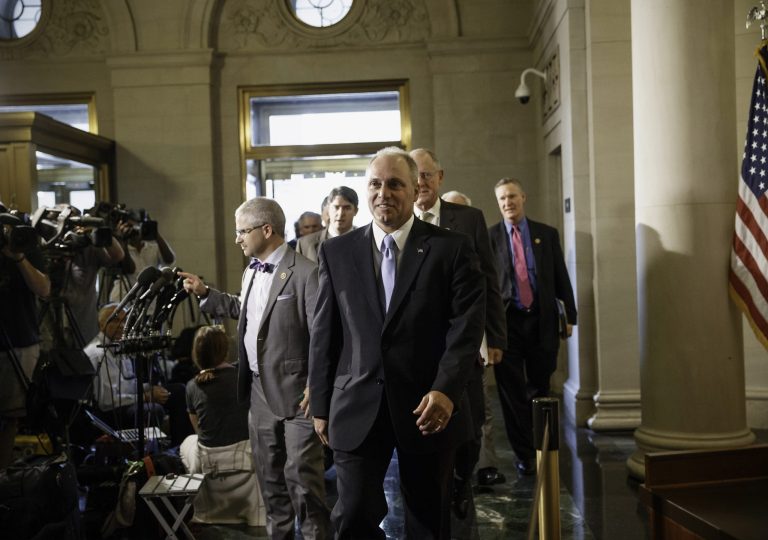 Rep. Steve Scalise, R-La., who leads a conservative faction of lawmakers in the Republican Study Committee, arrives with his GOP House allies to cast ballots for new party leaders in the aftermath of Majority Leader Eric Cantor's stunning primary defeat earlier this month, Thursday, June 19, 2014, on Capitol Hill in Washington.  (AP Photo/J. Scott Applewhite)