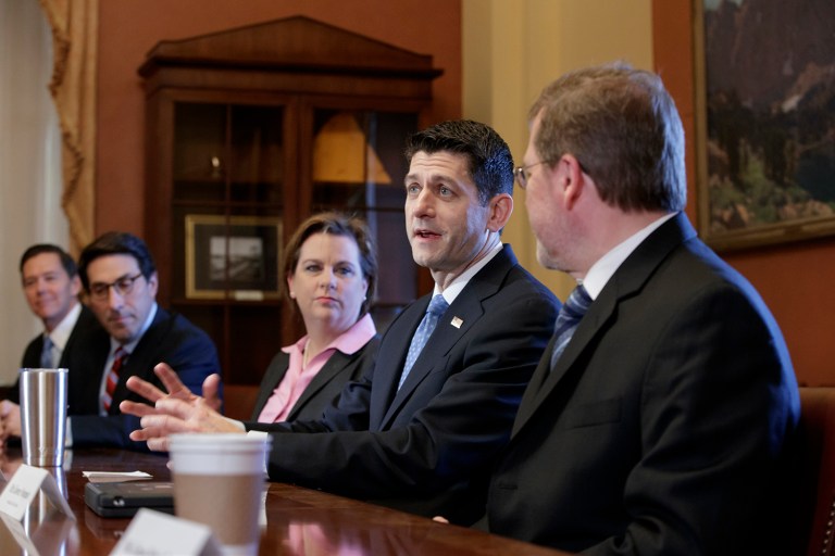 House Speaker Paul Ryan meets with leaders of conservatibe organizations on Thursday, March 30, on Capitol Hill in Washington. From right are, Grover Norquist of Americans for Tax Reform, Ryan, Marjorie Dannenfelser of the Susan B. Anthony List, Jay Sekulow of the American Center for Law and Justice, and Ralph Reed of the Faith and Freedom Coalition. (AP Photo/J. Scott Applewhite)