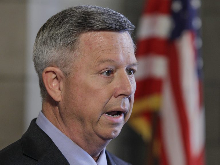 Nebraska Gov. Dave Heineman, shown here in November 2012, said he will focus this year on reducing property taxes for farmers and personal income taxes for families making between $60,000 and $120,000 a year. (AP Photo/Nati Harnik)
