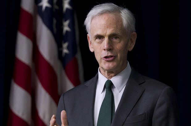 In this February 23, 2012 file photo, Secretary of Commerce John Bryson speaks about privacy at the Eisenhower Executive Office Building in Washington. Bryson says he is resigning after suffering a seizure earlier this month in the Los Angeles area.   (AP Photo/Manuel Balce Ceneta)