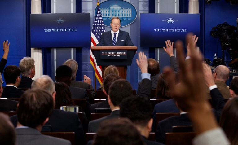 The beleaguered Spicer took 126 questions about Russia this week and 115 about all other subjects combined. (AP Photo/Evan Vucci)