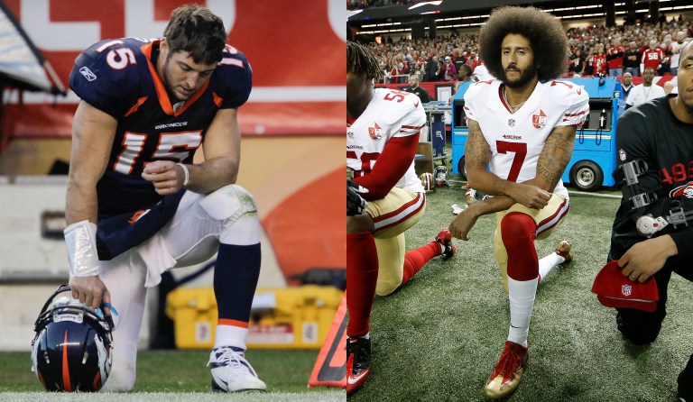 Both Tim Tebow and Colin Kaepernick were known for kneeling at games, but for very different reasons. (AP Photo/John Bazemore)