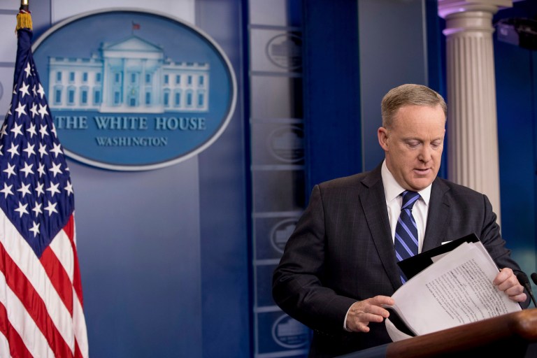 On Monday, Spicer added barrel bombs to the list of what could be met with a military response. (AP Photo/Andrew Harnik)