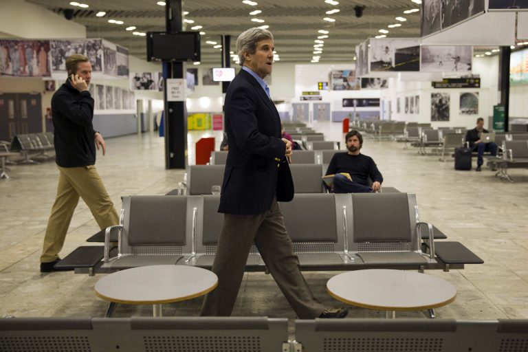 Secretary of State John Kerry walks back to his plane through Shannon Airport in Ireland on Saturday. (AP Photo/Jacquelyn Martin, Pool)