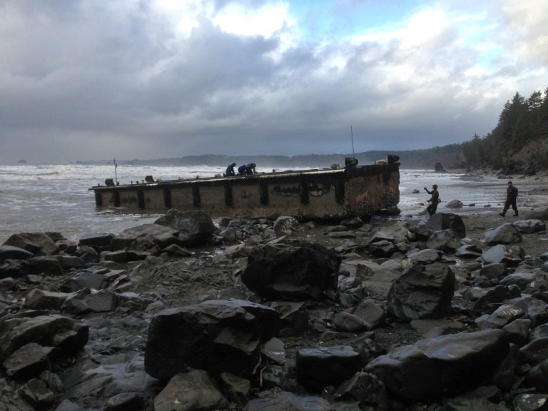  In this Dec. 21, 2012 file photo provided by the Washington Dept. of Fish & Wildlife, scientists inspect a dock that floated up on a remote stretch of wilderness beach in northwestern Washington. A scientist who examined the dock says it looks just like the one that came ashore on a central Oregon beach last summer, suggesting it also is a piece of tsunami debris from Japan. (AP Photo/Washington Dept. of Fish & Wildlife)  