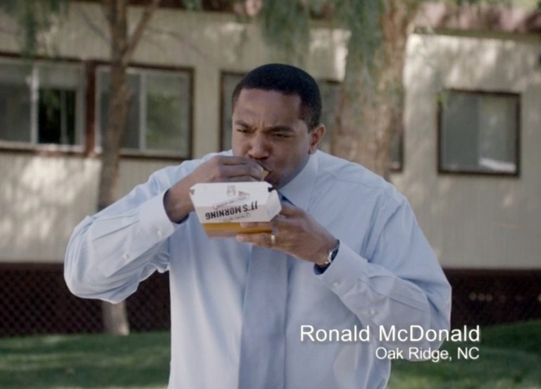 This frame grab from video provided by Taco Bell via Taylor Strategy shows Ronald McDonald of Oak Ridge, N.C., in a Taco Bell commercial. The fast-food chain will begin airing ads Thursday, March 27, 2014, that feature everyday men who happen to have the same name as the McDonald's mascot. The marketing campaign is intended to promote Taco Bell's new breakfast menu, which features novelties like a waffle taco. (AP Photo/Taco Bell via Taylor Strategy)